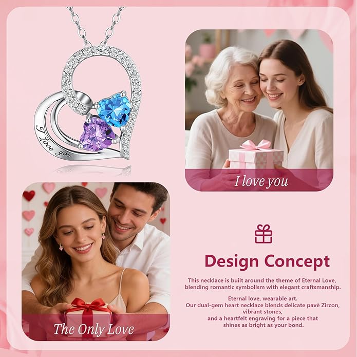 Double Birthstone Heart Necklace 0.8CT Dual-Gemstone S925 Sterling Silver Plated White Gold Engraved I Love You Perfect Anniversary/Valentine's Day Gift for Wife/Girlfriend/Mom/Daughter