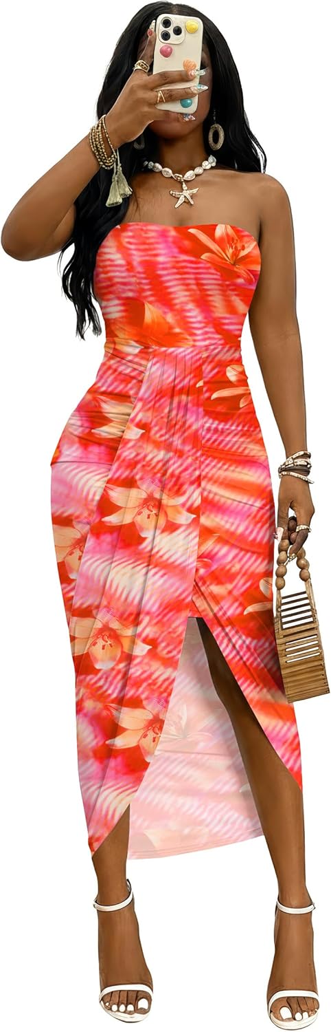 Umenlele Women's Strapless Ruched High Waist Wrap Split Asymmetrical Beach Maxi Long Dress