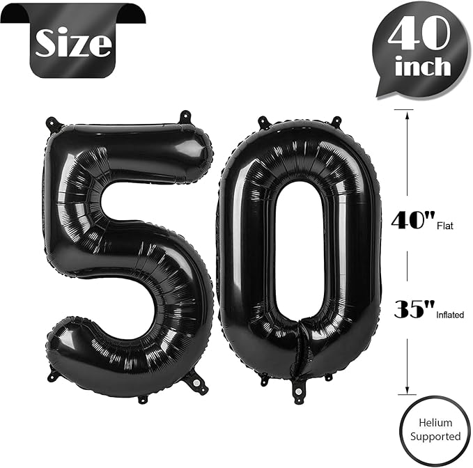 Black Number 50 Balloon 40 Inch, 50th Birthday Party Decorations for Children, Giant 50 Foil Balloon for Party Supplies