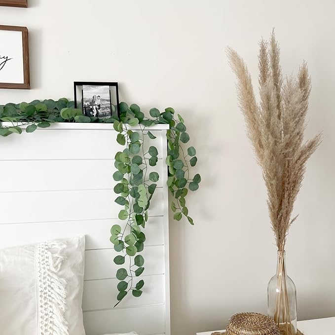 CQURE 16Pcs Eucalyptus Garland,Artificial Eucalyptus Leaves Table Greenery Garland Wreath Vines for Wedding Party Table Fireplace Bedroom Wall Room Decor