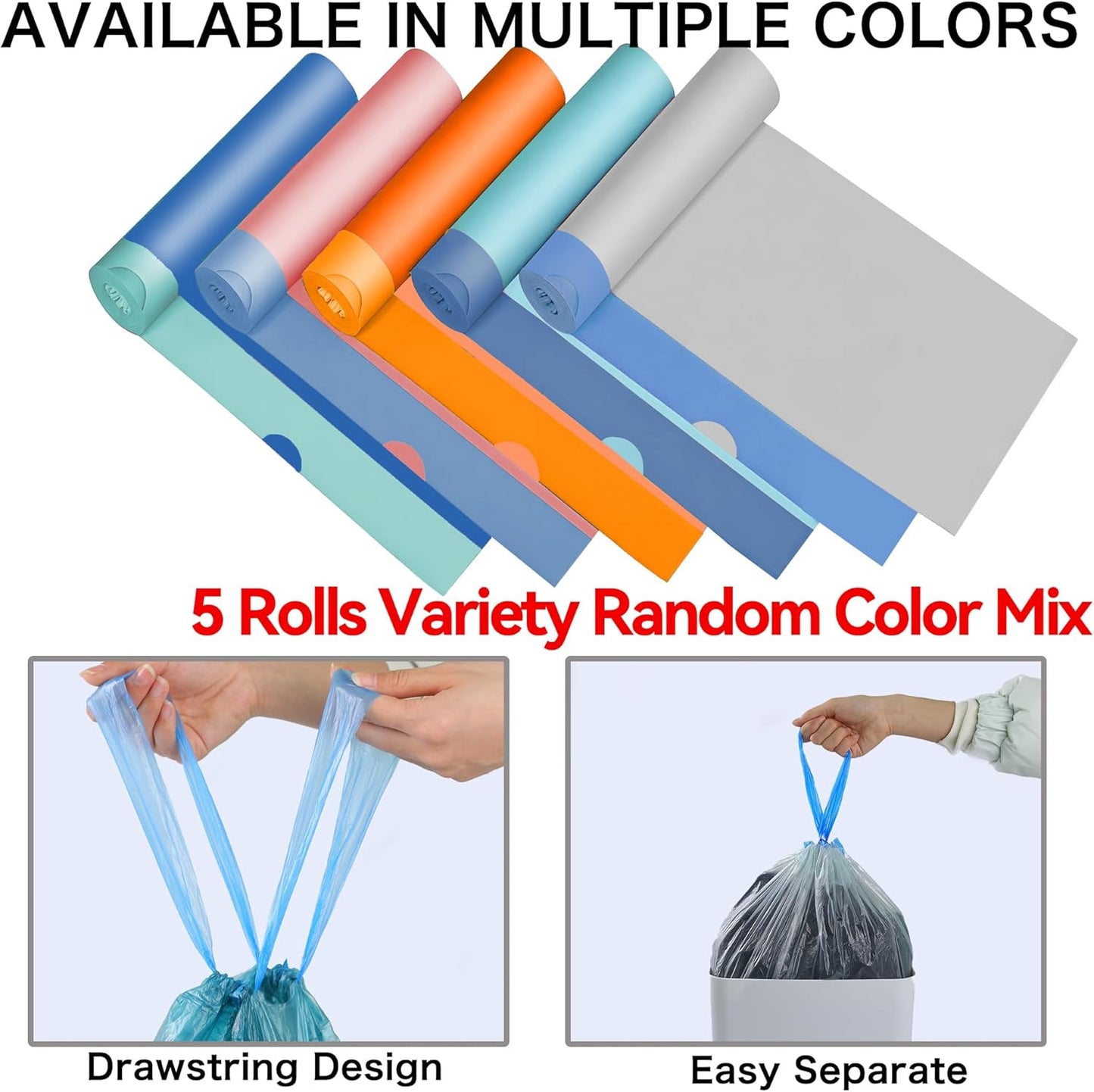 Small Drawstring Trash Bag 4 Gallon Random Colored Bathroom Garbage Bag 75 Count Trash Can Liner for Bathroom, Office, Bedroom, Kitchen