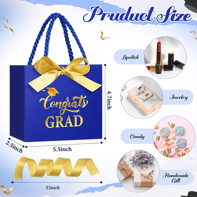 Moinchore 30 Pcs Blue Gold Graduation Gift Bags Bulk 5.5 x 4.7 x 2.5'' Small 2026 Congrats Grad Favor Bags with Handles Bow Ribbon Wrap Graduation Day Paper Party Supplies for College High School