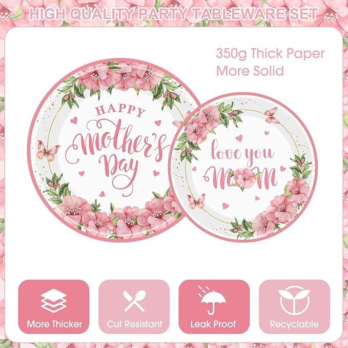 81 Pcs Happy Mothers Day Decorations Set, Includes Happy Mothers Day Dinner Paper Plates, Love You Mon Dessert Plates Napkins, Pink Tablecloth and Cups for Mother Days Party Supplies, Serves 20