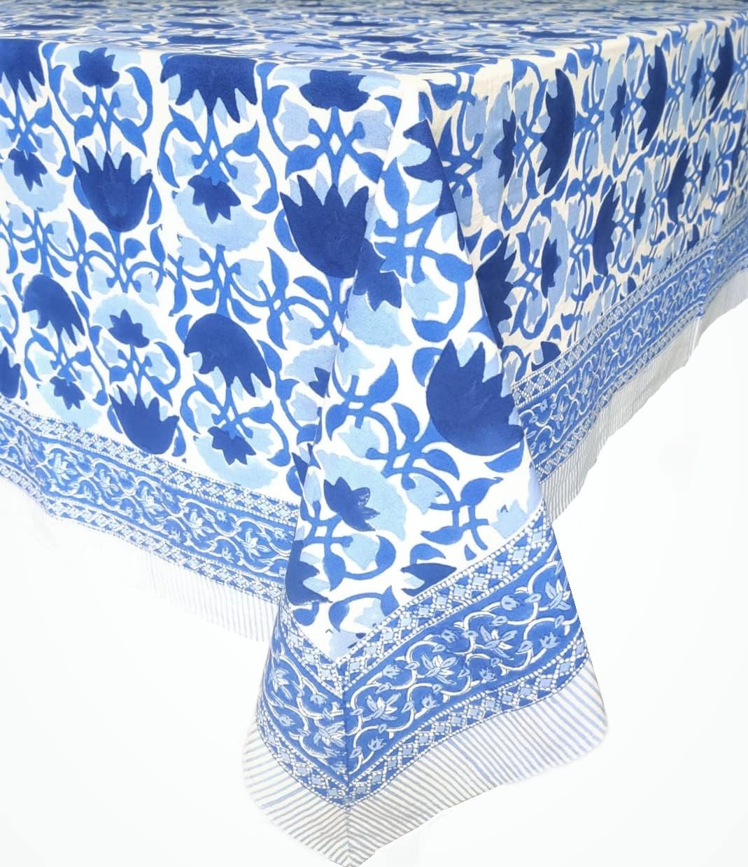 ATOSII Positano Blue 100% Cotton Square Fall Tablecloth, Handblock Floral Print Linen Table Cloth for Kitchen I Dining Table I Tabletop I Parties I Wedding I Fall Decor (60 X 60 Inches)