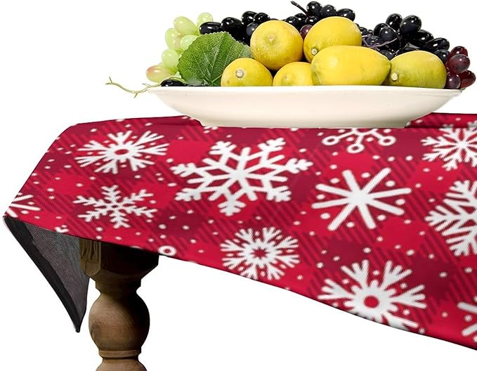 YCness Christmas Winter Tablecloth, Red Abstract Grid Red Fruit Snowflakes Table Cover for Living Room Home Kitchen Party Dinner 60x110 Inch