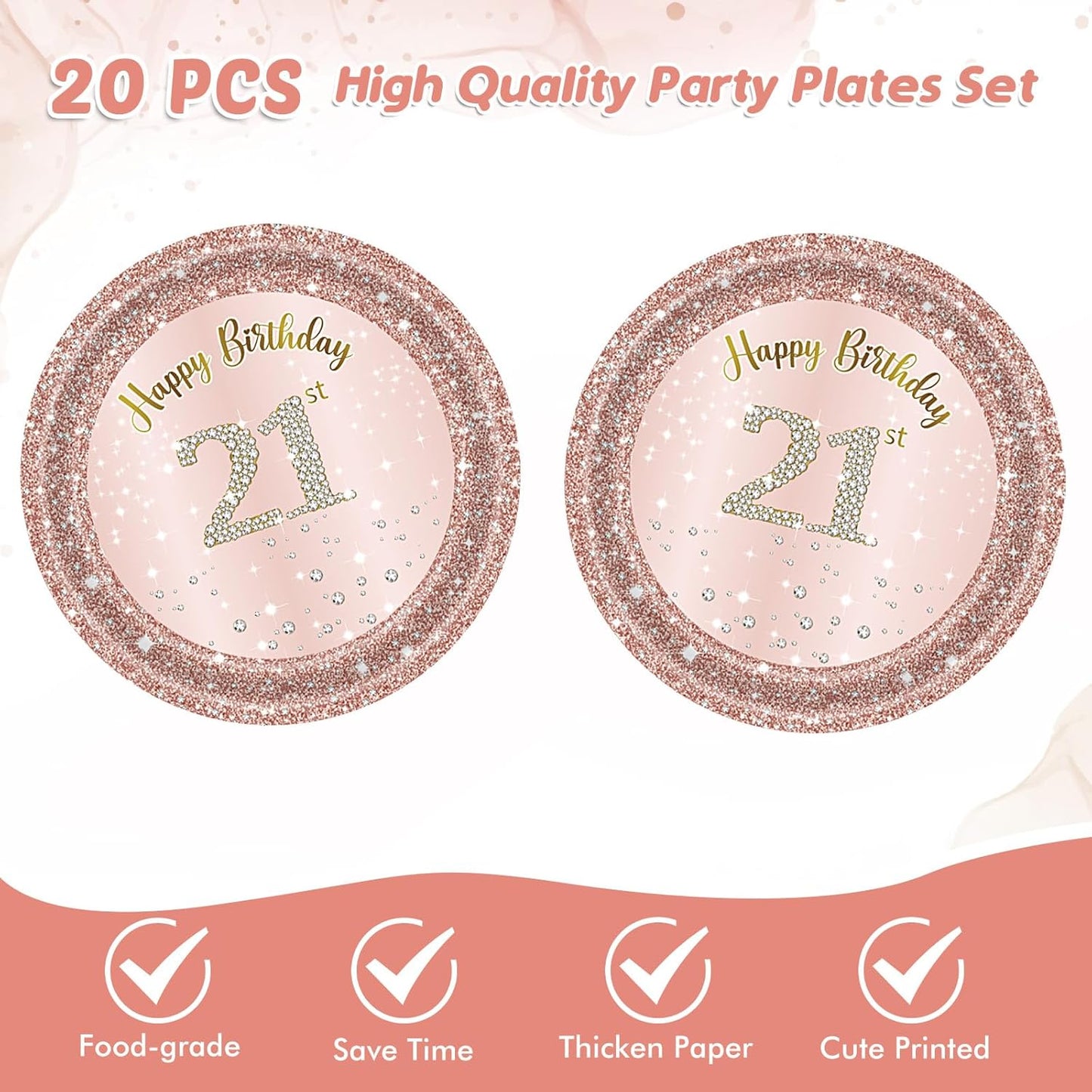 21st Birthday Decorations for Girls Her Rose Gold Party Supplies Include 20Pcs Plates 20Pcs Napkins Rose Gold Sweet 21 Birthday Party Tableware for 20 Guests