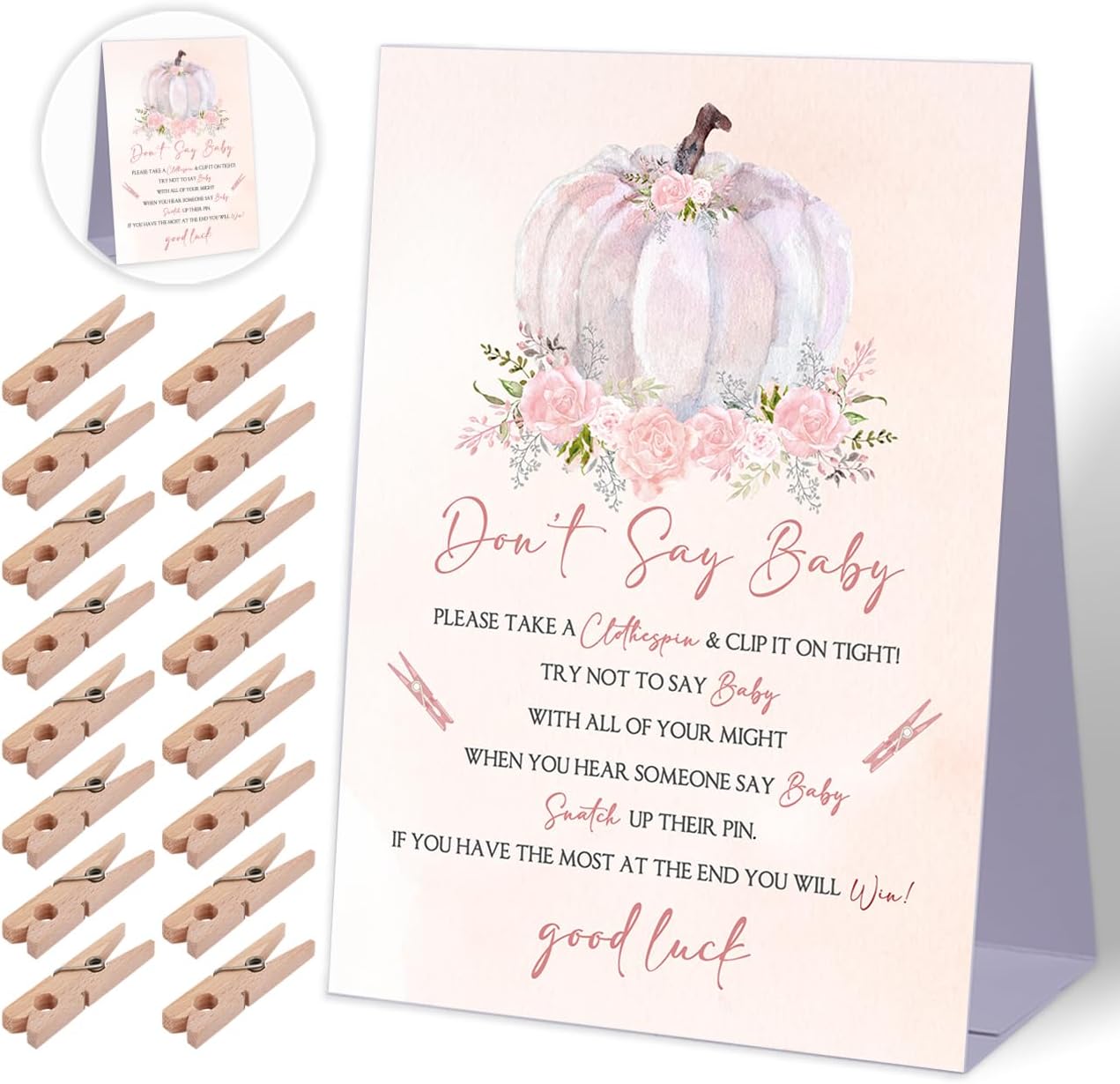 Don't Say Baby Baby Shower Game,Boho Fall Pumpkin Baby Shower Decorations,Rustic Baby Shower Decorations,Neutral Baby Shower Decorations,Baby Shower Game Ideas,1 Sign & 50 Mini Clothespins Set-B17