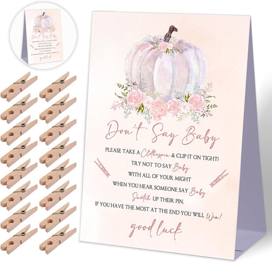 Don't Say Baby Baby Shower Game,Boho Fall Pumpkin Baby Shower Decorations,Rustic Baby Shower Decorations,Neutral Baby Shower Decorations,Baby Shower Game Ideas,1 Sign & 50 Mini Clothespins Set-B17