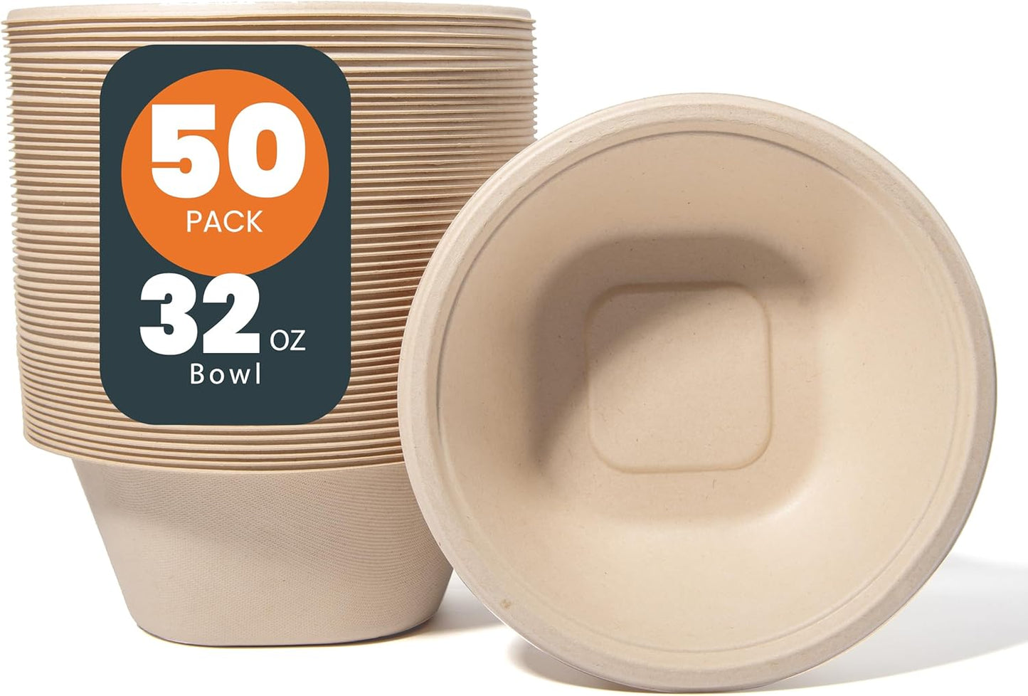 32 Oz [50 Pack] Heavy Duty Deep Paper Bowls - Disposable and Compostable - Made from Eco-friendly Sugarcane Bagasse - Biodegradable Bowls for Soup, Salad, Dessert, Ice Cream