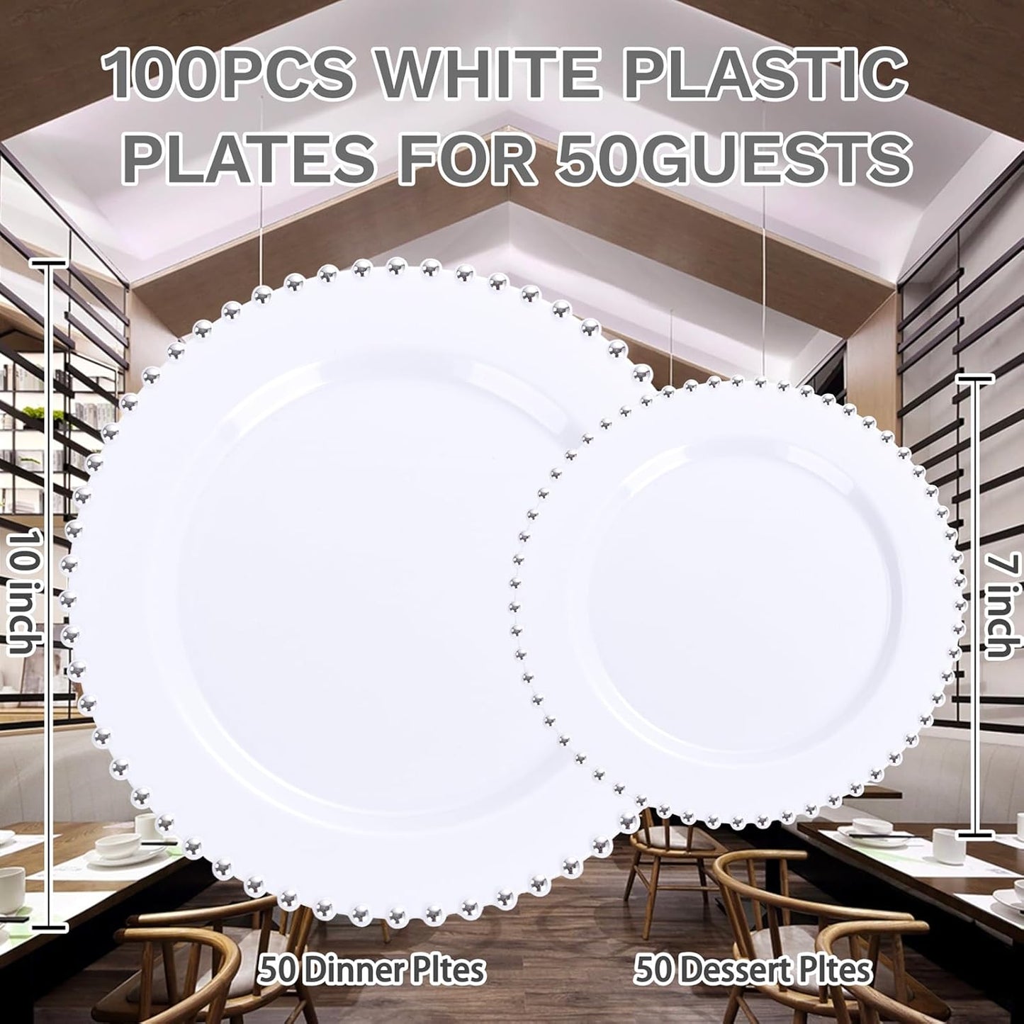 supernal 100pcs Silver Plastic Plates - Heavy Duty Elegant White Disposable Plates with Silver Beads Set Include 50 Plastic Dinner Plate and 50 Dessert Plate Perfect for Wedding, Birthday & Party