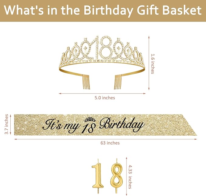 18th Birthday Decorations for Girls with 18th Birthday Sash and Tiara Gold, 18 Candles Gold, 18 Year Old Gifts for Girls