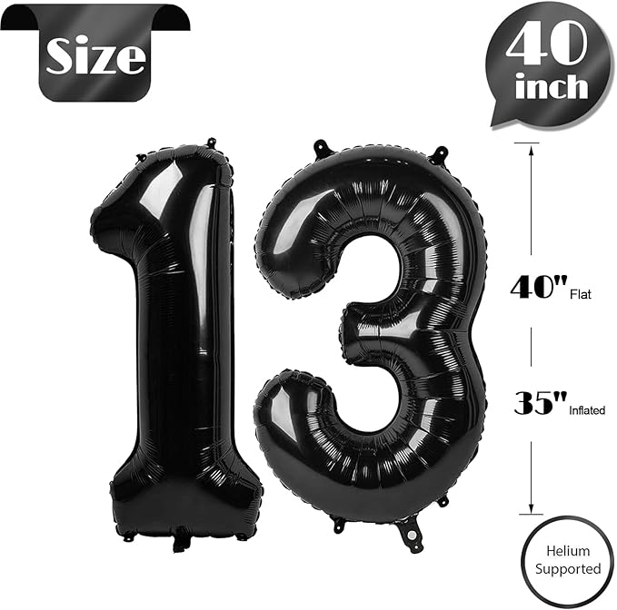 Black Number 13 Balloon 40 Inch, 13th Birthday Party Decorations for Children, Giant 13 Foil Balloon for Party Supplies