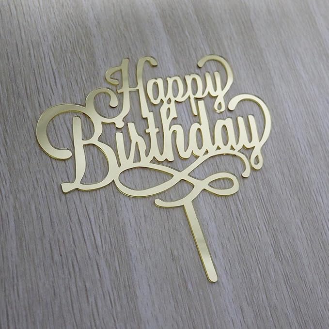 Happy Birthday Cake Topper - Birthday Party Decorations, Mirror Gold Acrylic