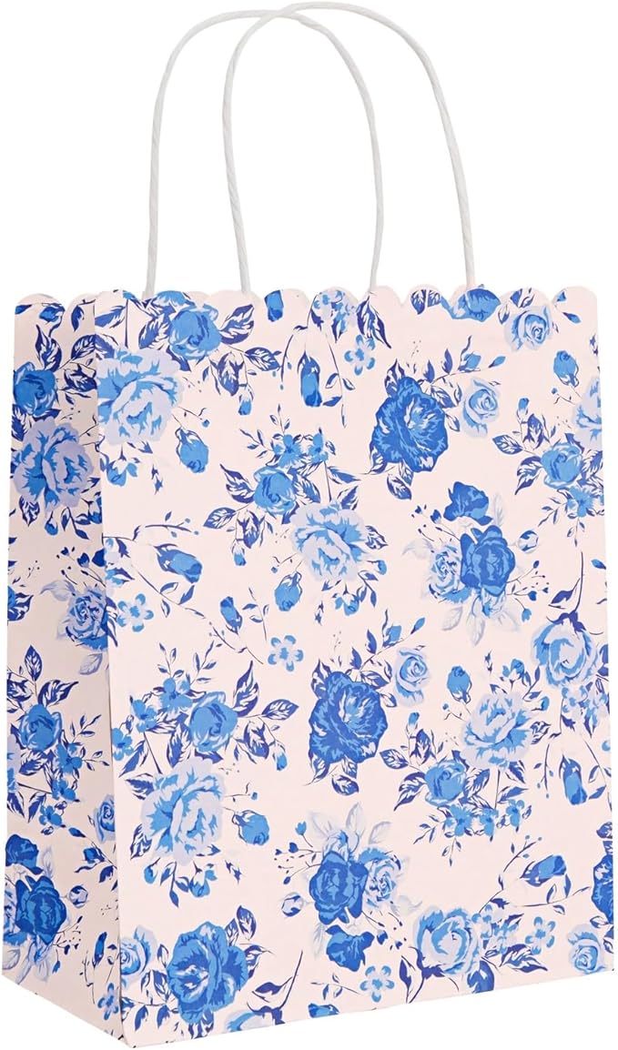 Sparkle and Bash Floral Party Favor Bags - 24-Pack, 10 x 8 x 4 In, Blue & Pink - Reusable Paper with Handles for Thank You Gift Bags at Wedding, Bridal & Baby Shower