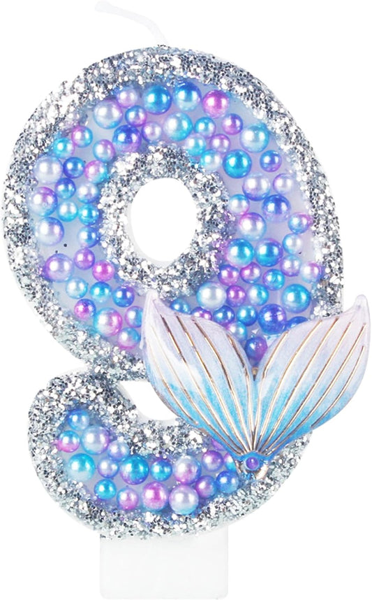 Girls Sparkler 9 Birthday Number Candles, Purple Pearls Mermaid Tail Number Birthday Candles for Girls Women Birthday Cakes Mermaid Themed Birthday Decorations Party Favors Number 9 Candle Cake Topper