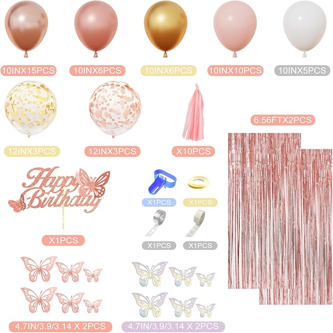 Amandir Rose Gold Birthday Party Decorations for Women Girls, Rose Gold Pink Confetti Foil Balloons, Butterfly, Fringe Curtain, Happy Birthday Banner, Cake Topper for30th 40th 50th 60th Supplies Decor