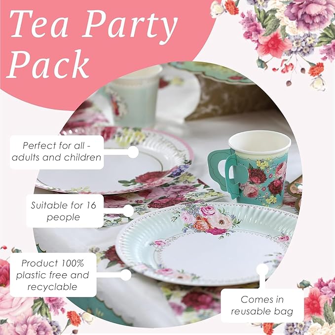 Talking Tables 50pcs Floral Afternoon Tea Party Decorations Tea Party Set Pretty Paper Plates Floral Napkins Tea cups Bunting for Birthday Mother's Day Bridal Shower Baby Shower for 16 Guests