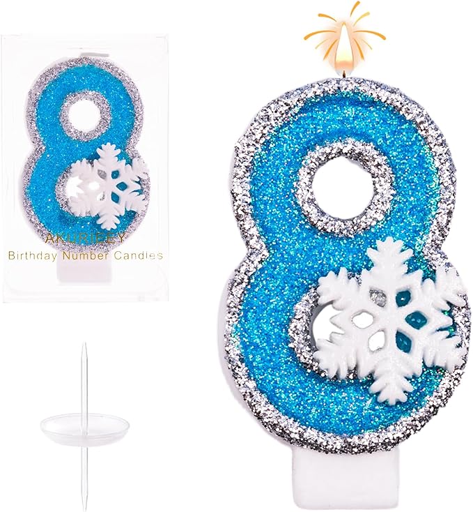 8th Blue Snowflake Birthday Candles Frozen Themed Number 8 Candles for Cake Topper Cupcake Decorations Party Decor Anniversary Celebrations Supplies
