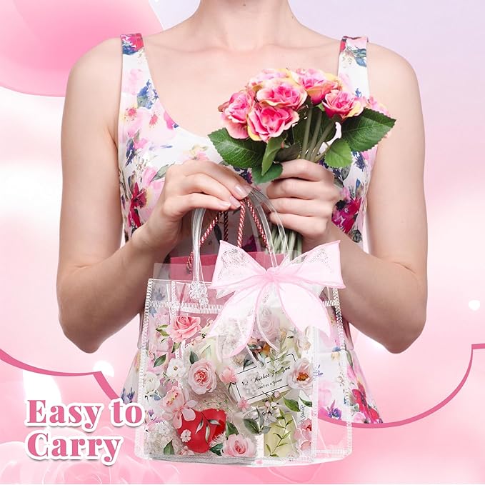Wesnoy 24 Pcs Clear Floral Gift Bags with Handles Rose Pink Flower PVC Treat Tote Bag for Tea Birthday Party Wedding Bridal Shower Bachelorette Anniversary Engagement Guests, 6.3 x 5.9 x 3.2 Inch