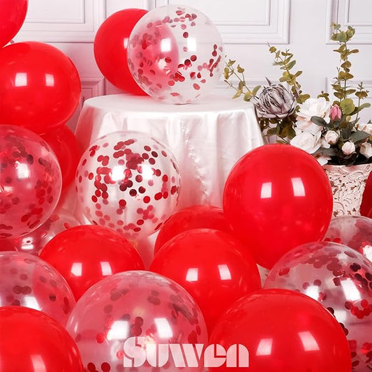 SUWEN Red Balloons and Confetti Balloons Set 47PCS Shiny Latex Helium Red Balloon for Birthday Valentine Mother's Day Anniversary Party Decorations