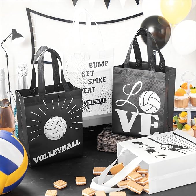 Wesnoy 24 Pcs Volleyball Tote Bags Bulk Reusable Non Woven Volleyball Gift Bags with Handles Black and White Party Favors Practice Supplies for Sports Theme Birthday Party