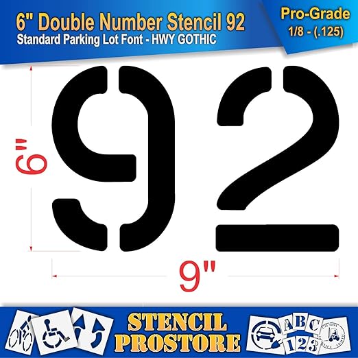 Pavement, Curb, and WheelStop Stencils - 6 inch Double Number Stencil - (92) - 6" x 9" x 1/8" (128 mil) - Pro-Grade