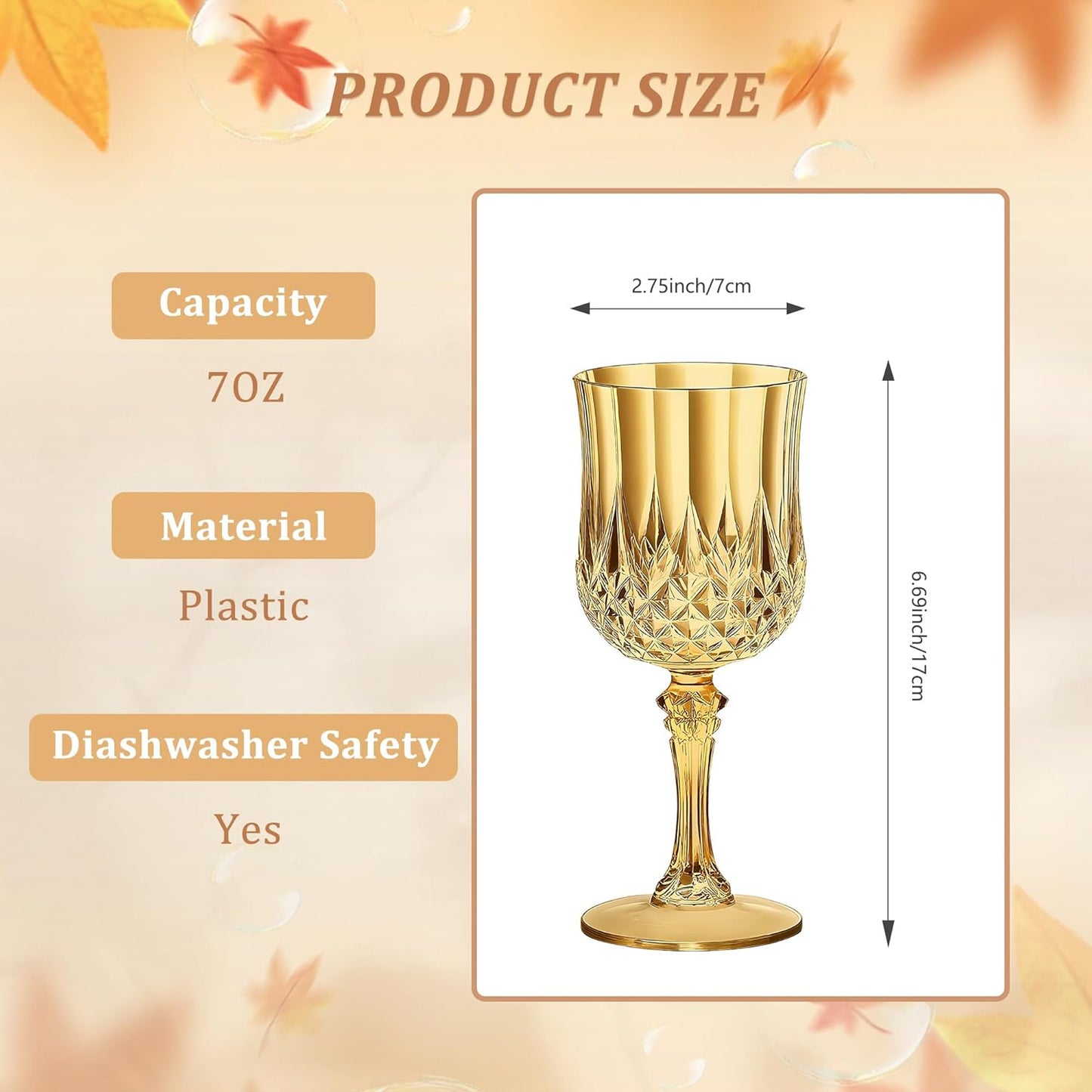12PCS 7OZ Gold Wine Plastic Glasses, Drinking Champagne Glasses Flutes Crystal Vintage Water Unbreakable Goblets for Autumn, Wedding, Parties