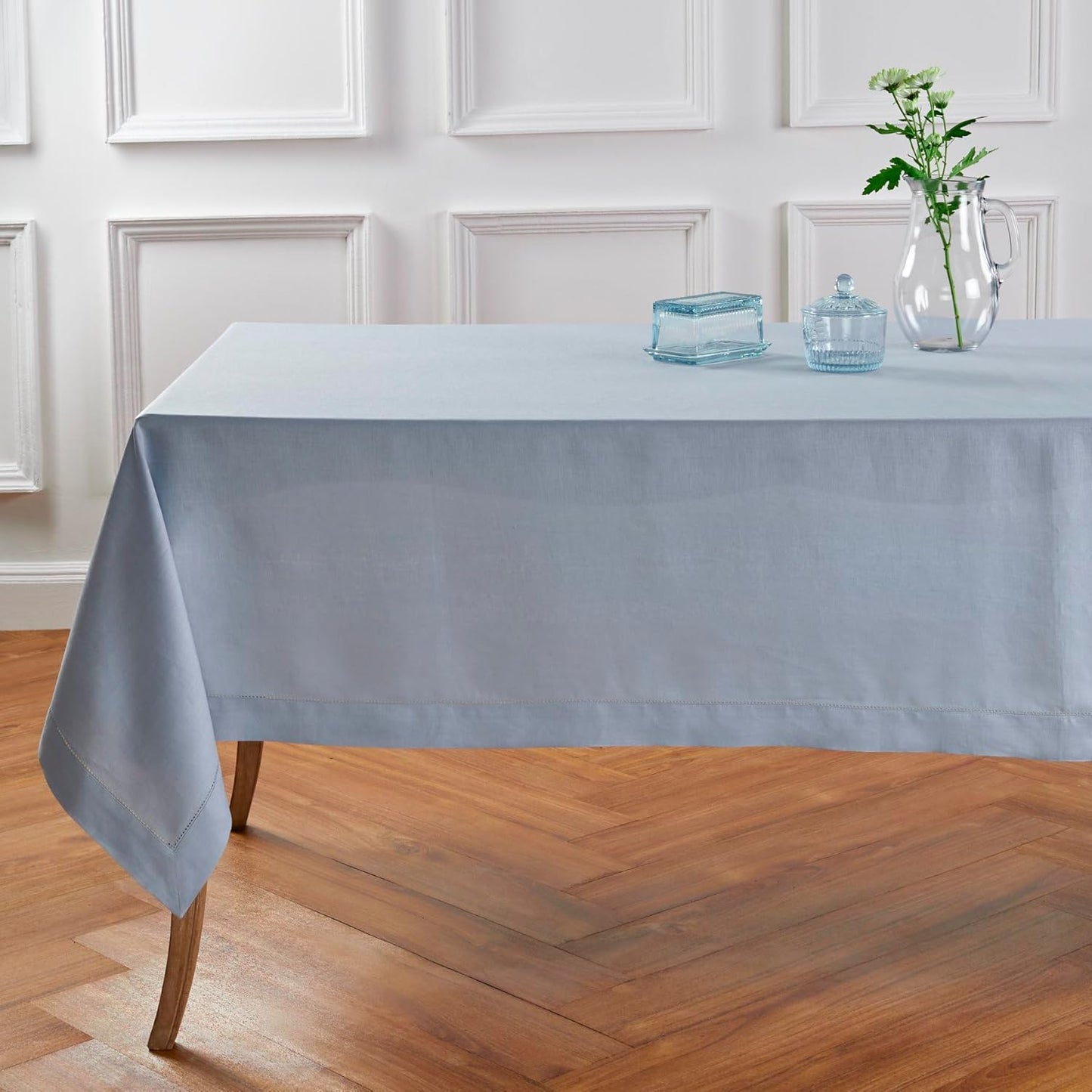 Solino Home Dusty Blue Linen Tablecloth 60 x 90 Inch - 100% Pure Linen Hemstitch Table Cloth for Rectangle Tables - Classic Hemstitch, Machine Washable Tablecloth for Fall, Autumn, Thanksgiving
