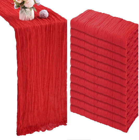 12 Pack 10FT Christmas Table Runner Red Cheesecloth 35x120 Inch Gauze Rustic Boho Table Runner Cheese Cloth for Wedding Decor Birthday Party Bridal Baby Shower Table Centerpiece Decoration