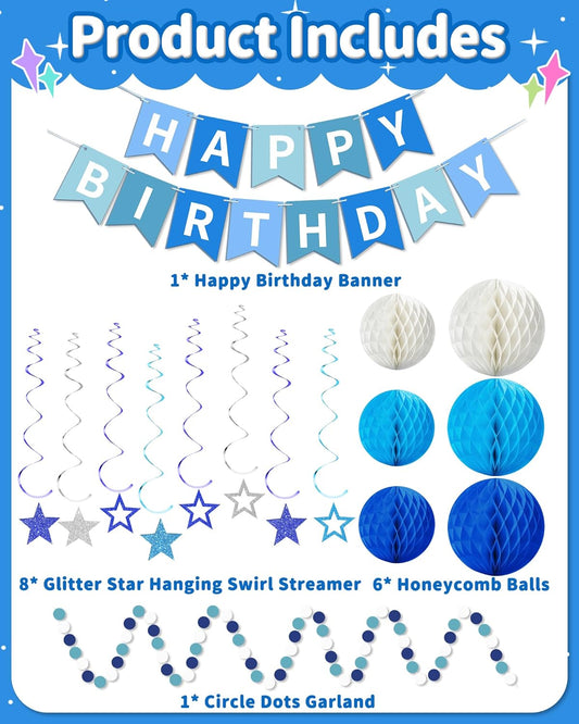 Blue Happy Birthday Decorations, Happy Birthday Banner with Honeycomb Balls, Stars Hanging Swirl Streamers, Dots Garland, Party Decorations for Men Boys Women Girls