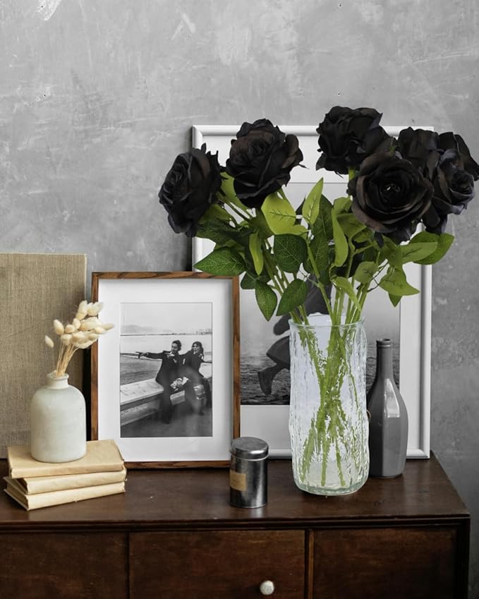 Black Artificial Roses Flowers, 12 Pcs Fake Rose in Bulk, Long Stem Realistic Silk Roses Bouquet for Centerpieces Flower Arrangement, Halloween Home Decor, Gothic Decoration (Black, 12-PCS)