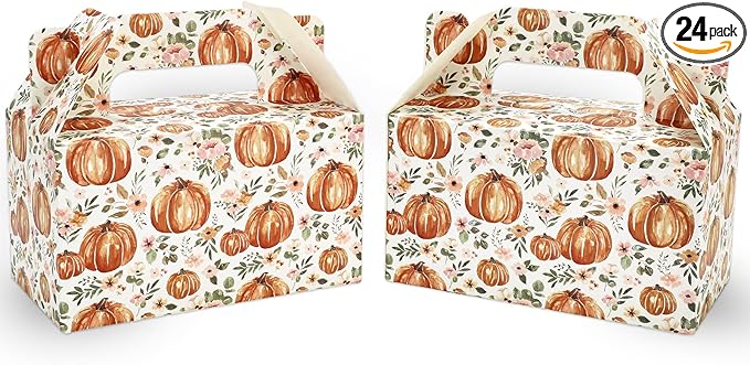 24Pcs Fall Pumpkin Treat Box with Handle Floral Pumpkin Goodie Candy Bags Autumn Cardboard Gift Box for Thanksgiving Cookie Candy Wedding Baby Shower Party Favors