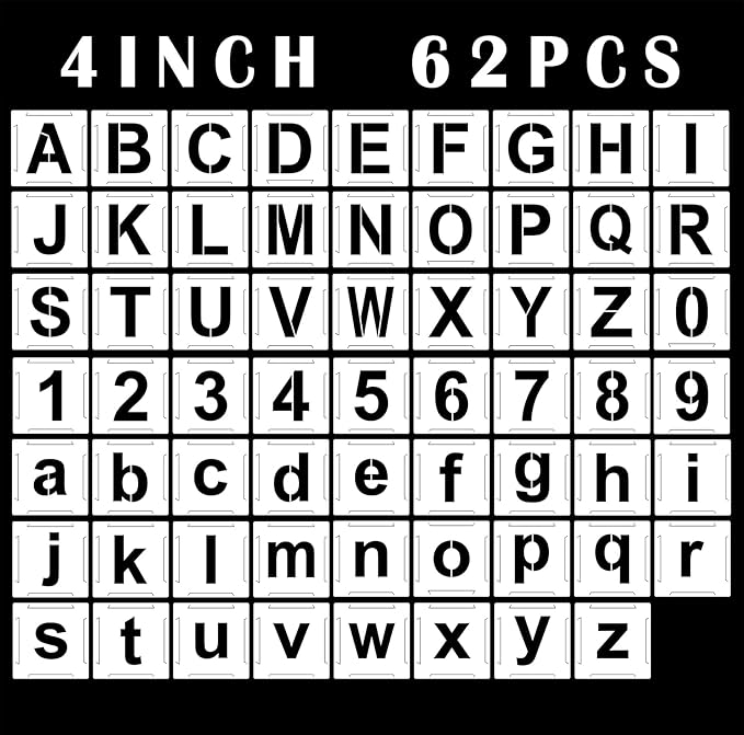 Letter Stencils Interlocking Stencils 4 Inch, 62Pcs Numbers Stencils Reusable Alphabet Stencils Templates for Painting on Wood, Wall, Fabric, Rock, Chalkboard, Signage and DIY Art Projects