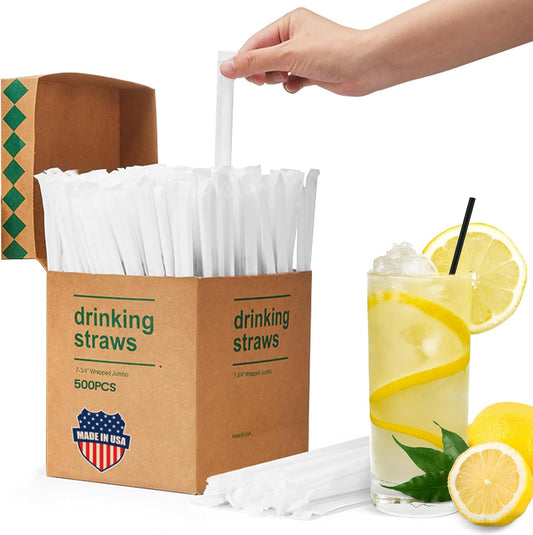 Disposable Plastic Straws,500 PCS Individually Wrapped Black Drinking Straws, Straight Straw for Party Daily Use [7.8" Long, 0.23" Diameter] Food-Safe BPA Free - Made in USA
