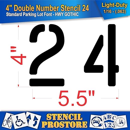 Pavement, Curb, and WheelStop Stencils - 4 inch Double Number Stencil - (24) - 4" x 5.5" x 1/16" (63 mil) - Light-Duty