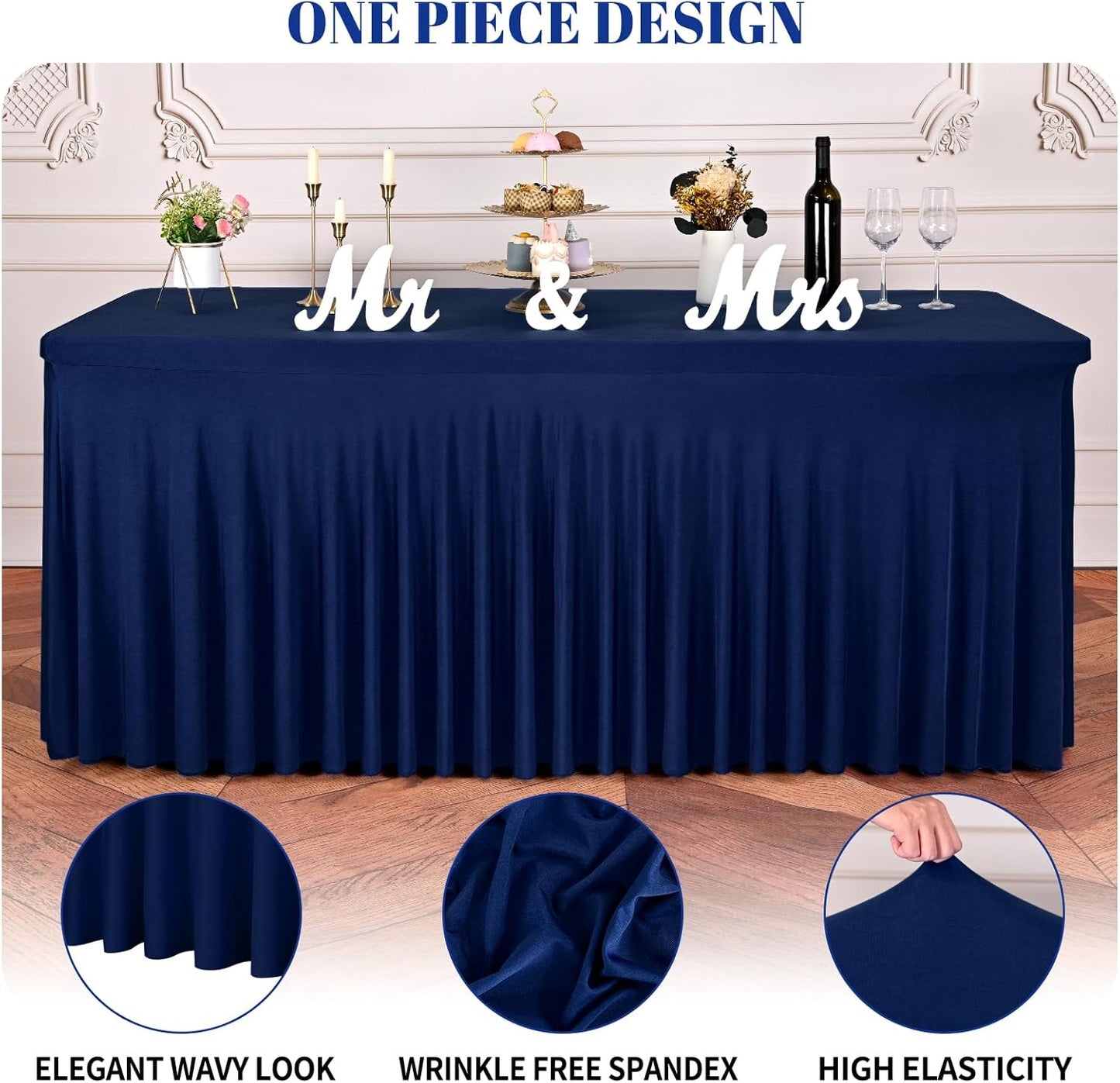 2 Packs Navy Blue Stretch Table Skirts for 6 Foot Rectangle Table, Washable Spandex Stretch Tablecloths with Skirt, Wrinkle Resistant Fitted Tablecover for Wedding Party Banquet