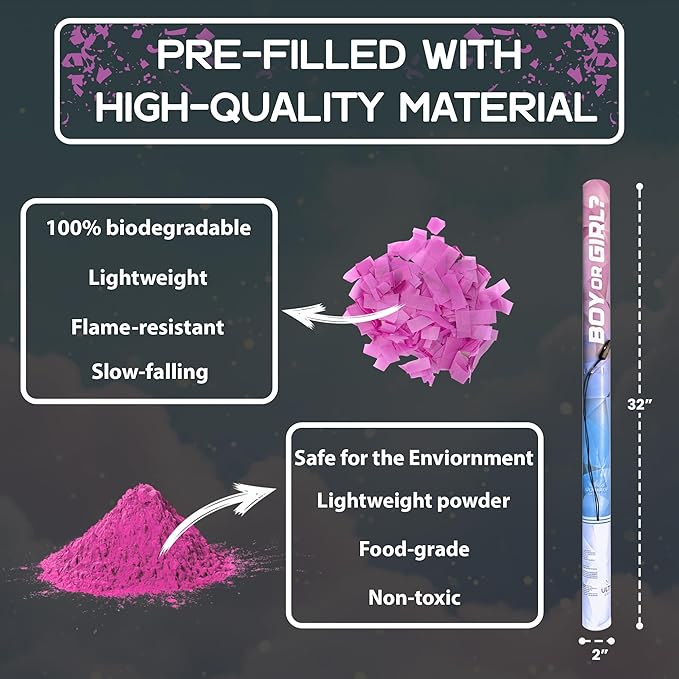 Ultimate Confetti - Electric Powder + Confetti Popper Cannon Cartridge 32” Pink - Pre-Filled and Leak-Resistant Gender Reveal Poppers Cannon, Requires EC-1 or EC-4 Confetti Machine to Activate
