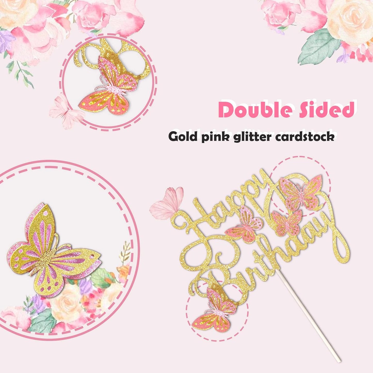 13-Piece Butterfly Cake Toppers - 3D Butterfly Cupcake Toppers for Girls & Women's Birthdays (Pink & Gold)