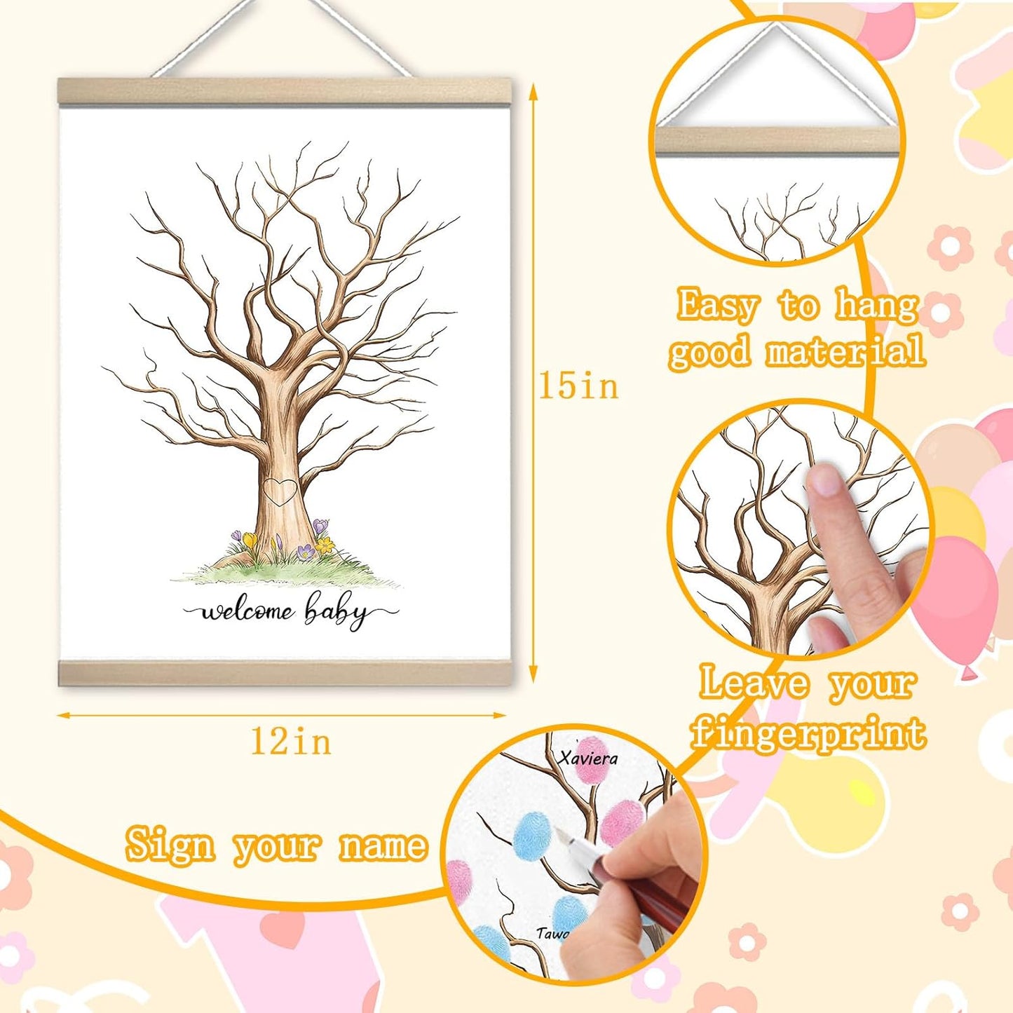 Gender Reveal Fingerprint Tree Canvas Guest Books, Gender Reveal Party Decorations Gifts Ideas, Baby Shower Party Gender Reveal Games for Guests(12x15in)