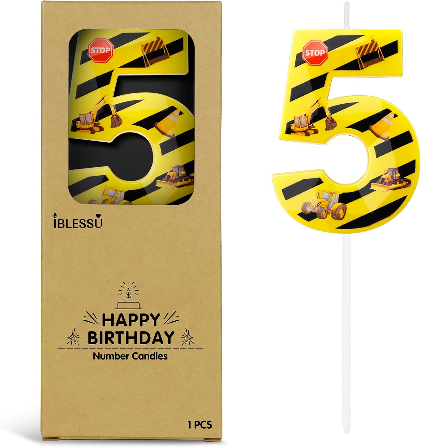 Number 5 Construction Birthday Candle, 2.68 Inch Yellow and Black Striped Candle, Birthday Candles Numbers Construction Cake Topper for Boys Girls, Construction Birthday Party Supplies Decorations