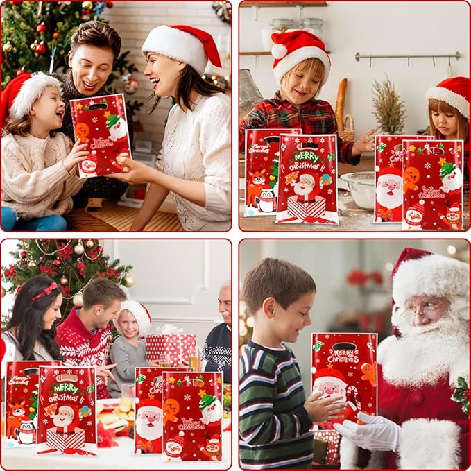 Christmas Gift Bags with Handles, 50Pcs Small Christmas Treat Bags Bulk Plastic Goodie Bag for kids, Snowman Santa Claus Candy Cookie Snacks Party Favor Bag for Xmas Holiday Party Decoration Supplies