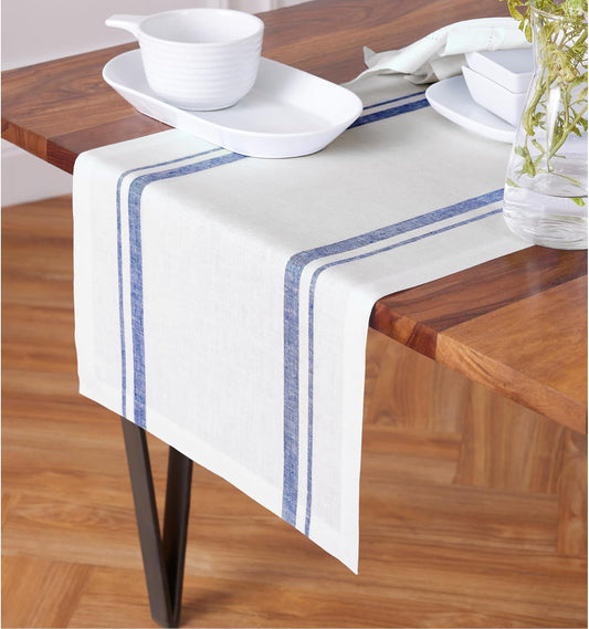 Solino Home Striped Linen Table Runner 120 Inches Long - French Stripe 100% Pure Linen Navy and White Dining Table Runner 16 x 120 Inch