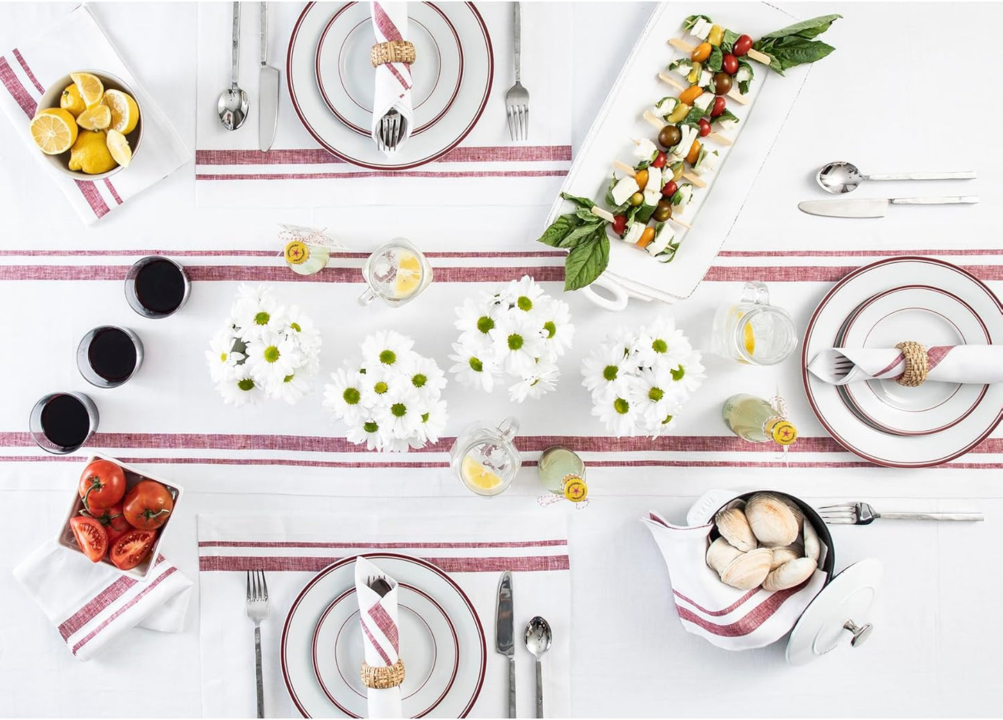 Solino Home Linen Table Runner 48 Inches - French Stripe, 100% Pure Linen Burgundy and White Farmhouse Table Runner 14 x 48 Inch Ideal for Dresser and Coffee Tables - Fall, Thanksgiving, Christmas