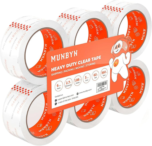 MUNBYN Packing Tape, Heavy Duty Shipping Tape with Total 360 Yards, 2.7mil, 1.88" *60 Yard(Per Rolls) Great for Shipping Packing Moving Mailing Office Storage, Clear Tape Refill for Dispenser