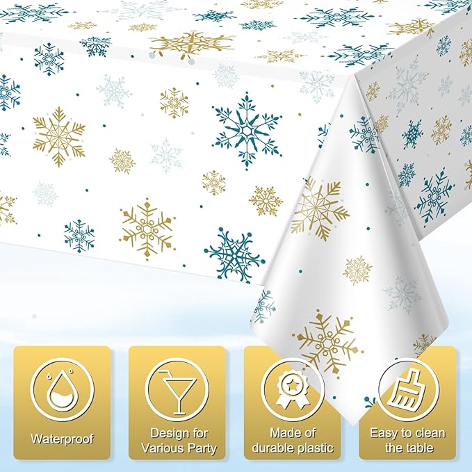 Hallswl 6Pcs Snowflake Plastic Tablecloth Christmas Snowflake Disposable Table Cloth White Blue and Gold Winter Wonderland Table Cover for Winter Holiday Christmas Birthday Party Supply,54x108 Inch