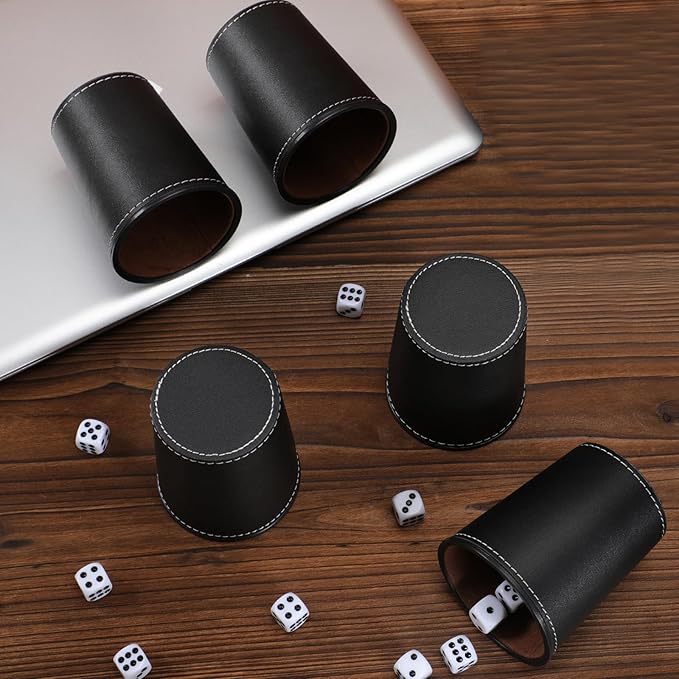 10x Dice Cup Set, PU Leather Dice Shaker Cups with 50 Dices for Bar Party Yahtzee Farkle Dice Games, Coffee (10, Black)