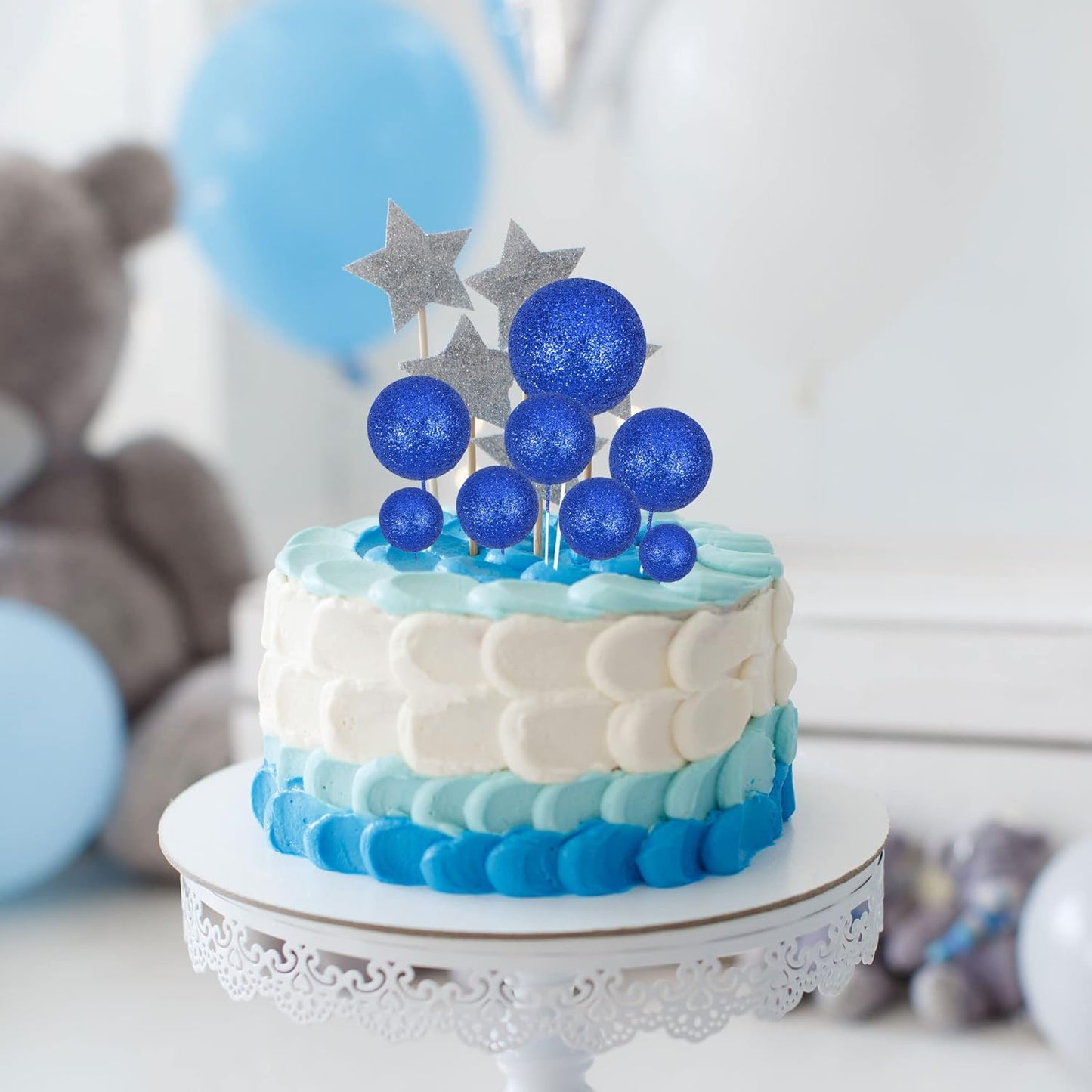 30Pcs Glitter Balls Cake Topper Foam Ball Cake Picks Mini Balloon DIY Cake Insert Topper Decoration for Baby Shower Wedding Anniversary Kids Birthday Graduation Party Cake Decorations Deep Blue