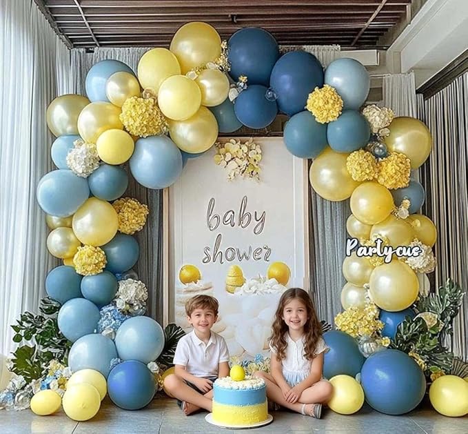 Dusty Blue Yellow Balloon Arch Kit Double Stuffed Dark Pastel Blue Light Yellow Pearl Balloon Garland for Birthday Bridal Wedding Baby Shower Lemon Valentines Party Decoration