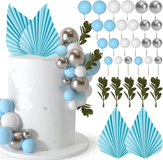 NEBURORA 64 Pcs Balls Cake Toppers and Leaves Decoration Set Mini Balloons for Cake Decorating Supplies Balls Cake decorations for Baby Shower Cake Toppers Birthday Cake Decorations(Blue Silver)