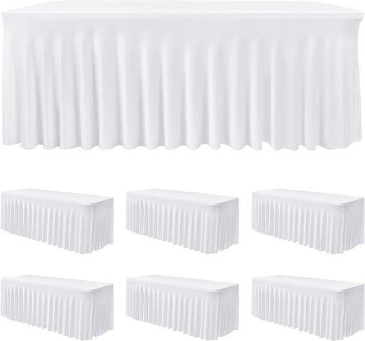 HolidayIdeas White Spandex Table Covers 6 Foot, Fitted Stretch Table Skirts 30x72 Inch, Wrinkle-Free Floor Length Polyester Tablecloths for Weddings Parties Banquets Events,6 Pack